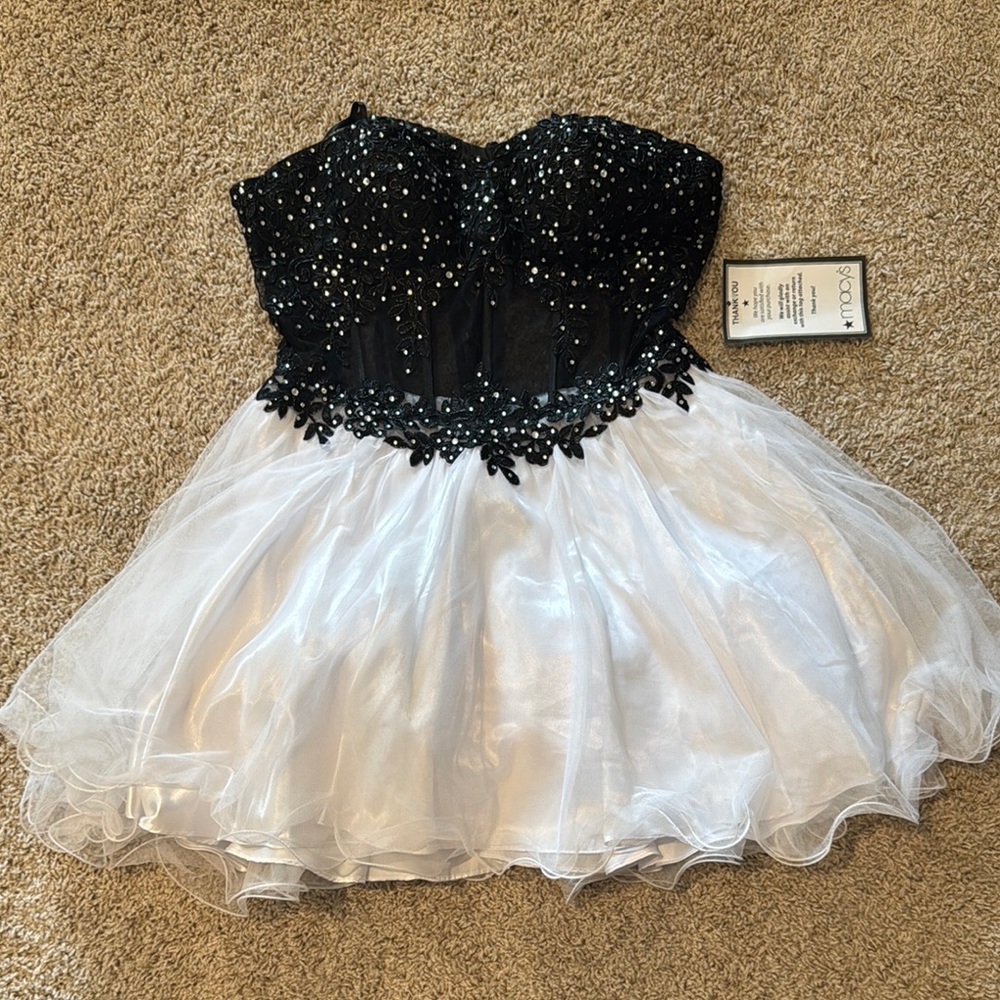 Black and White Strapless Dress with Crystals